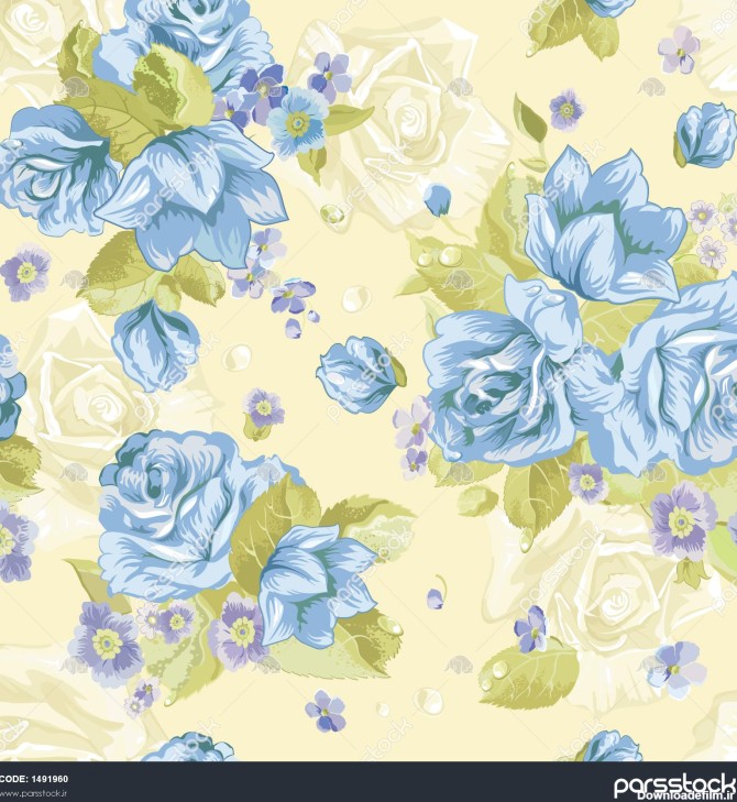 الگوی کاغذ دیواری یکپارچه با گل رز و گلهای آبی رنگ در زمینه طراحی ...