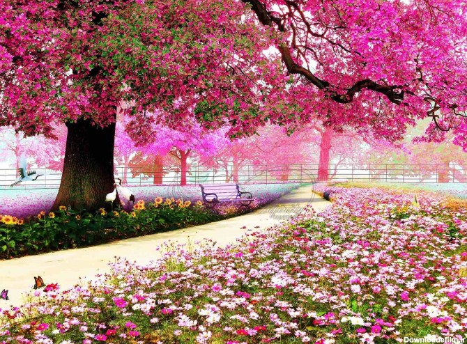دانلود طرح پوستر دیواری درخت شکوفه صورتی چمن و گل - اینفینیتی چاپ