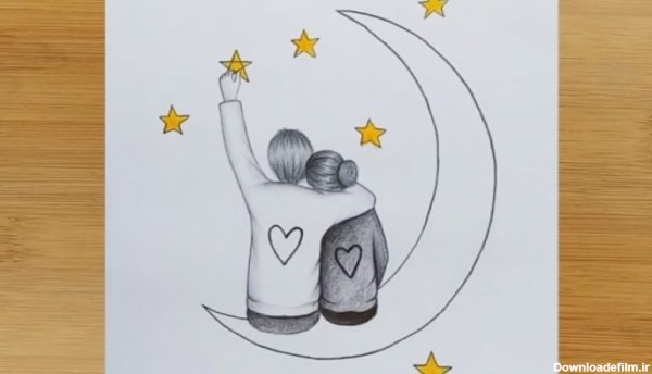 آموزش نقاشی سیاه قلم منظره عاشقانه روی ماه