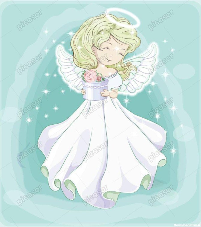 وکتور فرشته بالدار کارتونی با جعبه هدیه - وکتور دختربچه شاد با بالهای فرشته