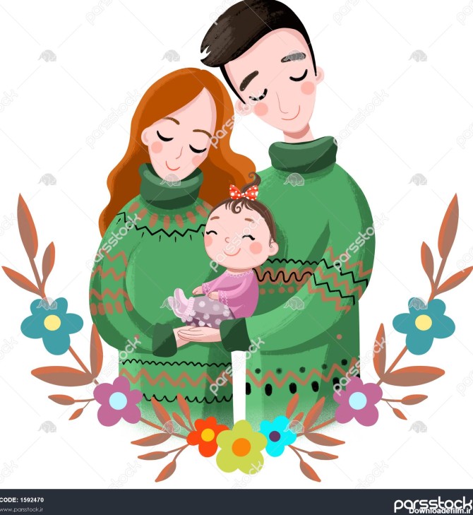 تصویر خانواده مادر پدر و دختر بچه در ژاکت های سبز زیبا زیبا 1592470