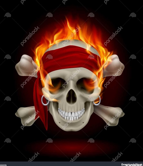 دزدان دریایی جمجمه در شعله های آتش. تصویر سازی در سیاه و سفید 1032379