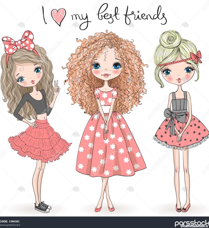سه دختر ناز زیبا روی پس زمینه با کتیبه I love my best ...