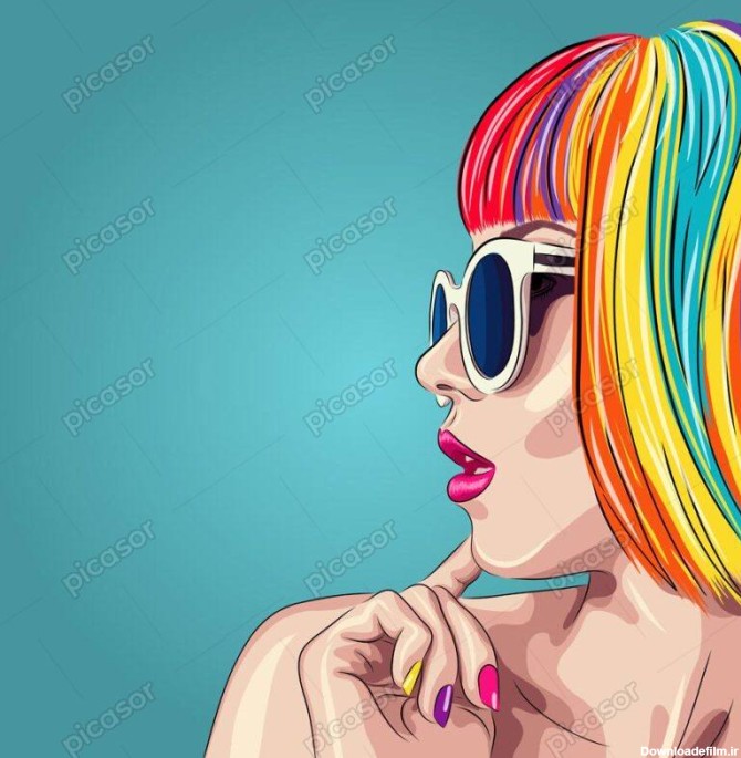 وکتور دختر فشن با موهای رنگی و عینک آفتابی نیمرخ - وکتور نیمرخ زن جوان با آرایش فشن و موهای رنگی