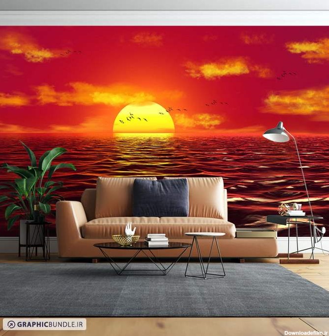 عکس پوستر دیواری با طرح منظره غروب خورشید در دریا