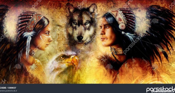 نقاشی زیبا از یک مرد و زن جوان هند همراه با گرگ و عقاب در پس ...