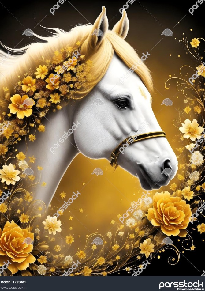 تصویرسازی دیجیتال اسب طلایی در یک باغ گل 1723001