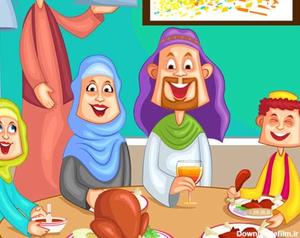 دانلود وکتور لایه باز با طرح خانواده مسلمان در کنار میز شام