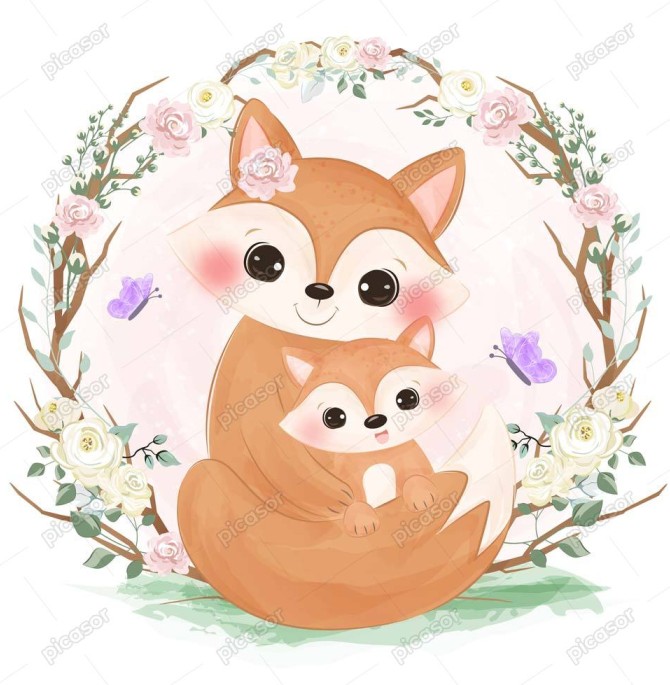 وکتور روباه مادر و بچه روباه در قاب گل طرح نقاشی آبرنگی » پیکاسور