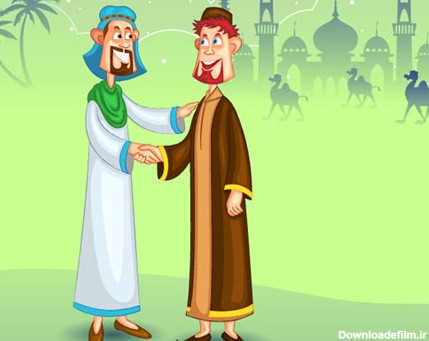 دانلود بکگراند کارتونی دو مرد عرب (مسلمان) در کنار مسجد