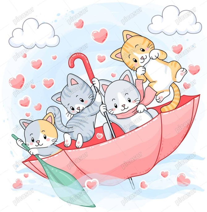 وکتور بچه گربه های کارتونی روی چتر - وکتور 4 بچه گربه شیطون روی ...