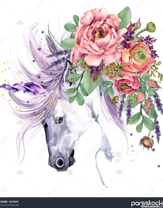 اسب تک شاخ تصویر گل گل آبرنگ پس زمینه فانتزی اسب سفید 1437076