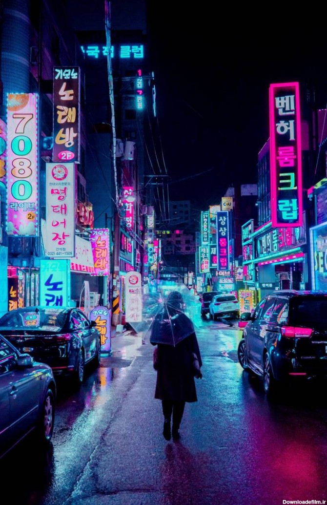 عکس زمینه چراغ های نئون شهر در شب پس زمینه | والپیپر گرام