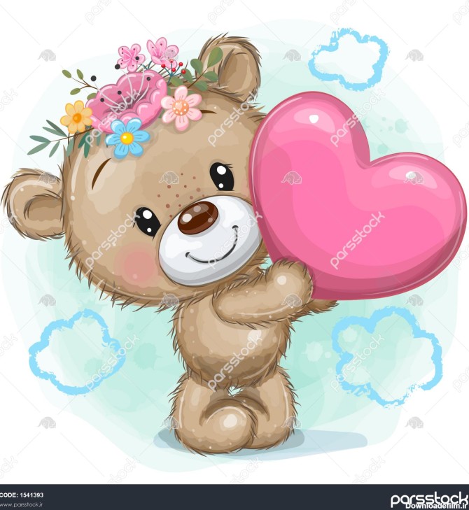 عروسک خرس کارتونی ناز با قلب در پس زمینه آبی 1541393