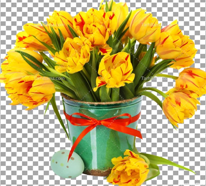 تصویر با کیفیت گلدان قیروزه ای و لاله زرد