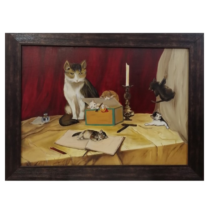 قیمت و خرید تابلو نقاشی رنگ روغن مدل مامان گربه و بچه هاش