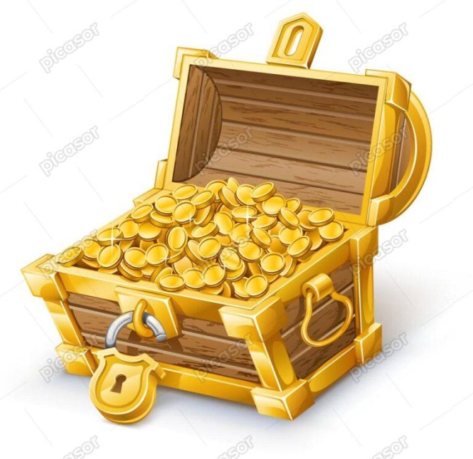 وکتور صندوقچه گنج طلایی با سکه های طلا و قفل طلایی