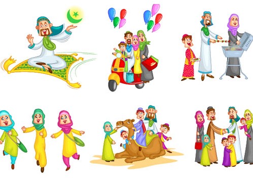 وکتور لایه باز مجموعه کاراکترهای کارتونی خانواده عرب و مسلمان