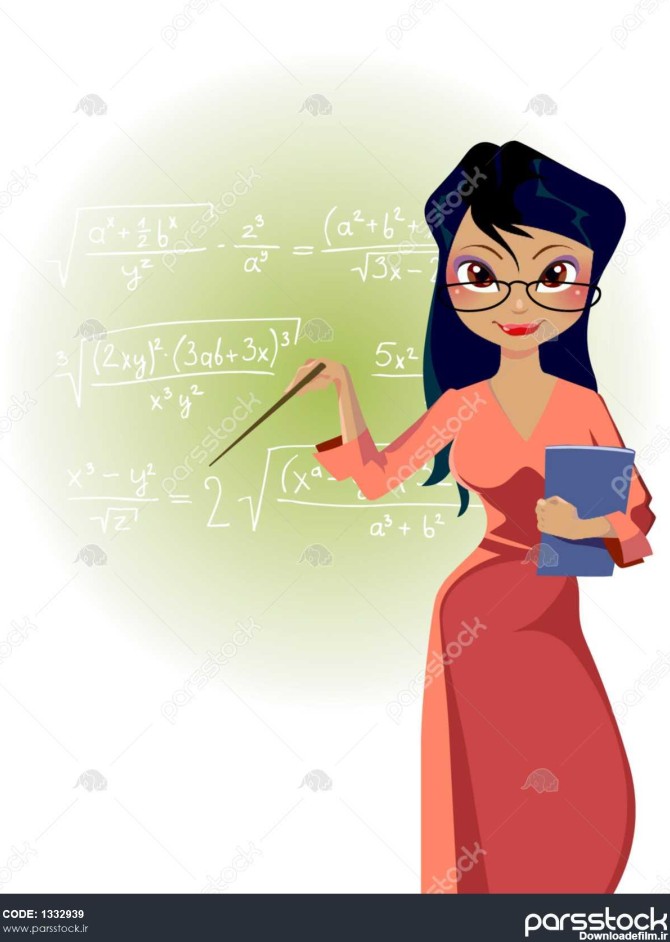 معلم زن کارتونی روی پس زمینه تخته سیاه با فرمول های ریاضی ...