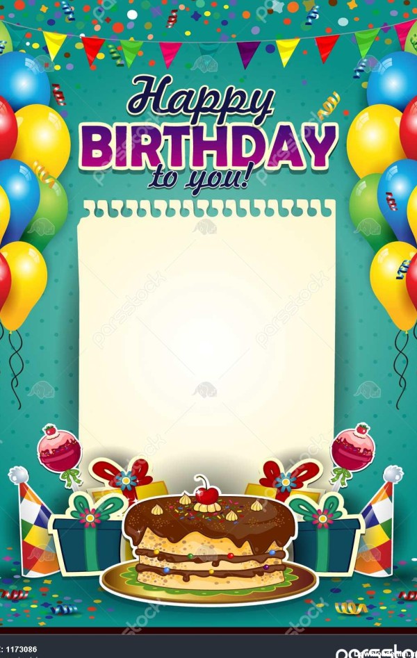تولدت مبارک با یک ورق کاغذ عمودی با بادکنک و کیک sp قرار دادن افکت ...