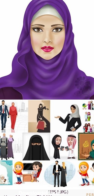 دانلود تصاویر وکتور کارتونی دختران و زنان مسلمان با حجاب - Collection