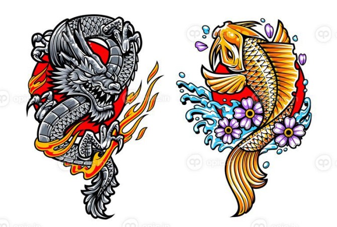 وکتور هنرهای تاتو ژاپنی اژدها و کوی | اوپیک