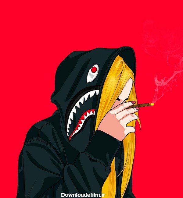 عکس پروفایل سیگار کشیدن دختر خفن با موهای زرد و پس زمینه قرمز