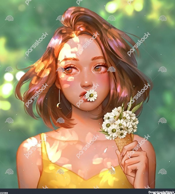 دختر خجالتی کارتونی در جنگل با گل نقاشی دیجیتال 1532369