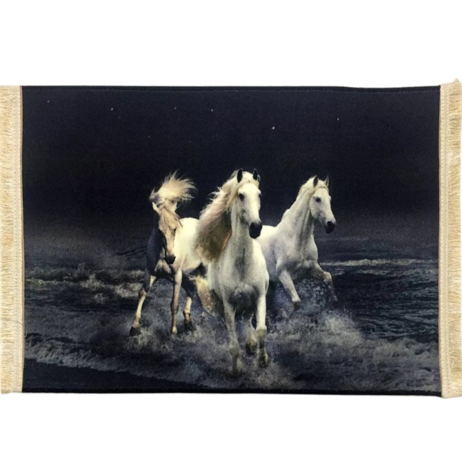 تابلو فرش سه اسب سفید در ساحل