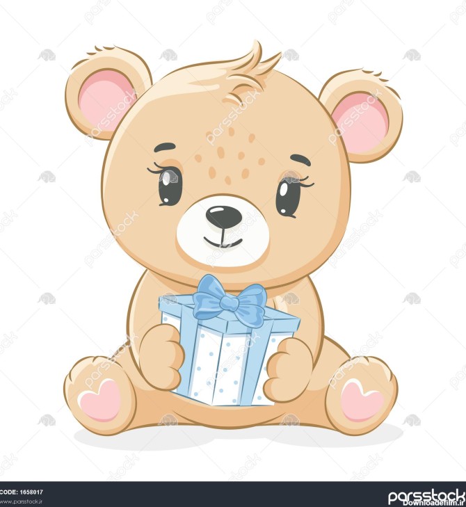 یک خرس عروسکی بامزه نشسته و هدیه ای در دست دارد تصویر برداری ...