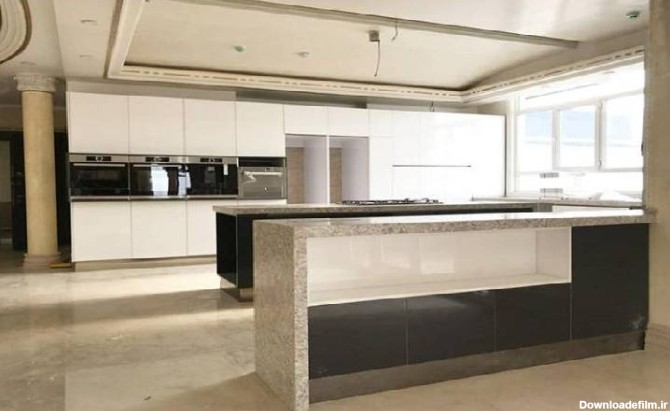 کابینت هایگلاس سفید و مشکی اکلیلی - تصویر مدل جدید گاز وسط آشپزخانه