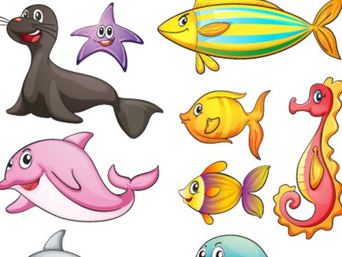 وکتور چهار کاراکتر کارتونی با طرح ماهی ، لاک پشت ، سفره ماهی ...