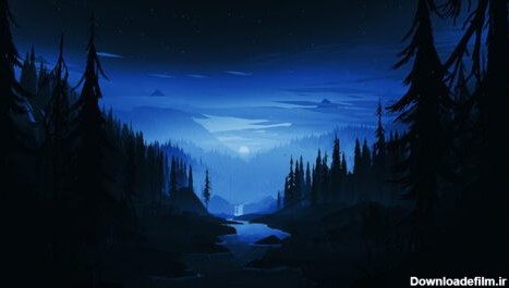 دانلود تصاویر پس زمینه آثار هنری شب ماه جنگل آرام رودخانه کوه ها آسمان شب ستاره ابرها