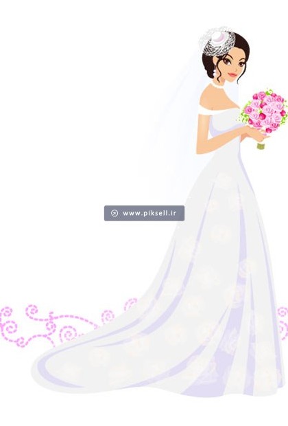 وکتور لایه باز کاراکتر کارتونی عروس با گل در دست با دو پسوند ...