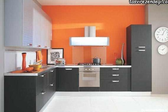 طراحی آشپزخانه مدرن نارنجی و نوک مدادی