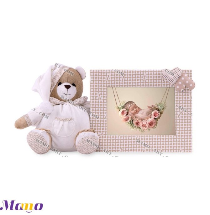 قاب عکس عروسکی خرس مامو کرم ( نانان )- بهترین سیسمونی نوزاد و دکوراسیون اتاق کودک