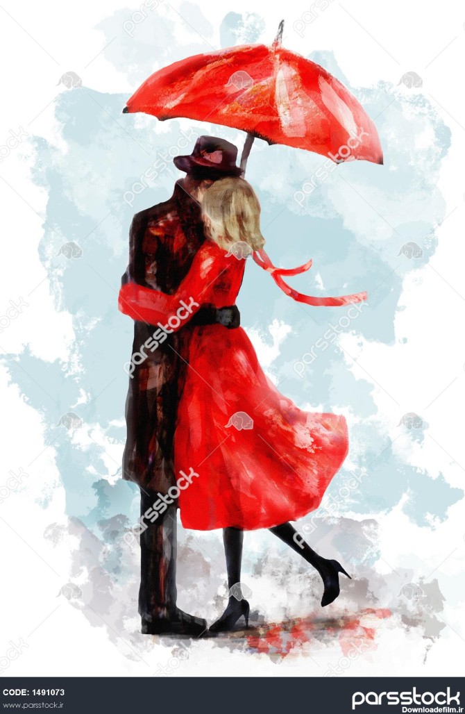 زن و شوهر عاشقانه زیر یک چتر قرمز بوسه تصویر دوست داشتنی آبرنگ ...