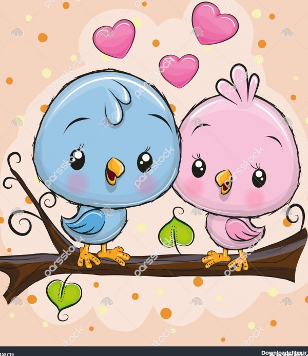 دو پرنده کارتونی زیبا روی یک شاخه نشسته اند 1458719