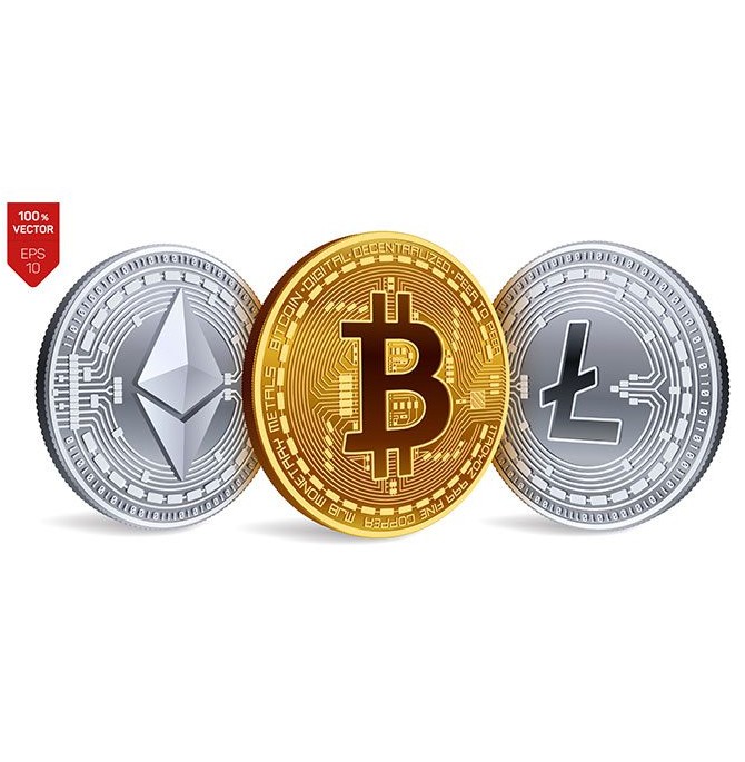 cryptocurrency golden silver coins with bitcoin litecoin ethereum symbol white background 1 صلیب زینتی دست کشیده