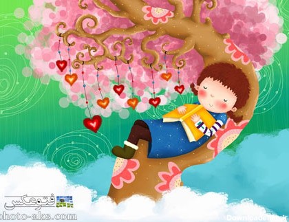عکس کارتونی شاد رویایی دختر بچه روی درخت بالای ابرها
