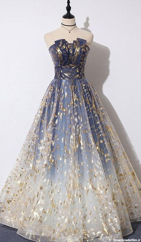لباس نامزدی دخترانه مجلسی بسیار شیک پرنسسی رنگ نیلی متالیک و سفید و طلایی دکلته