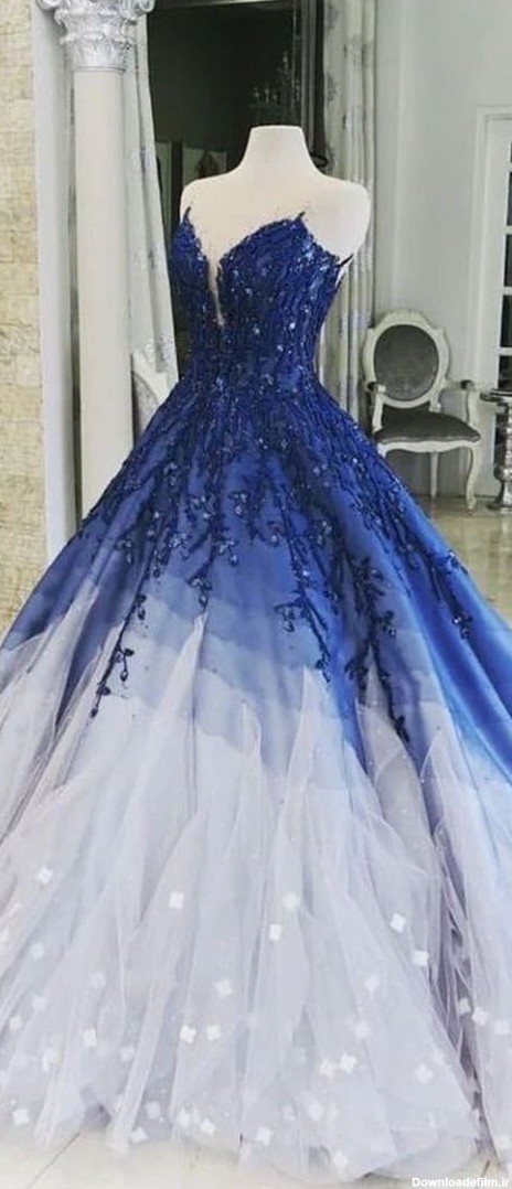 لباس نامزدی دخترانه مجلسی بسیار شیک پرنسسی رنگ آبی و سفید بسیار شیک 2022