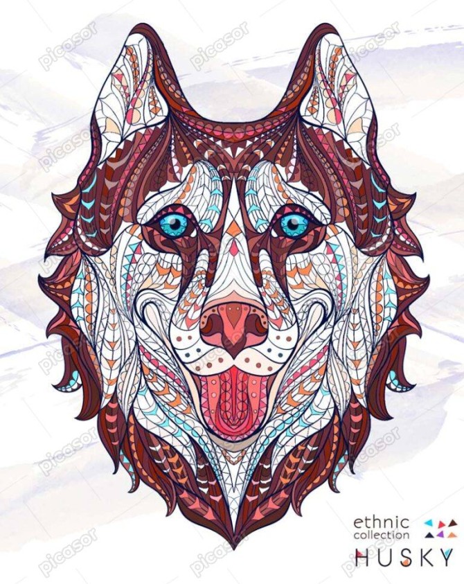 وکتور سگ هاسکی زینتی منقش - وکتور نقاشی حیوانات سبک قبیله ای و قومی