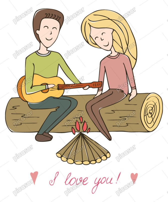 وکتور نقاشی مرد و زن عاشق در جنگل در حال گیتار زدن دور آتش » پیکاسور