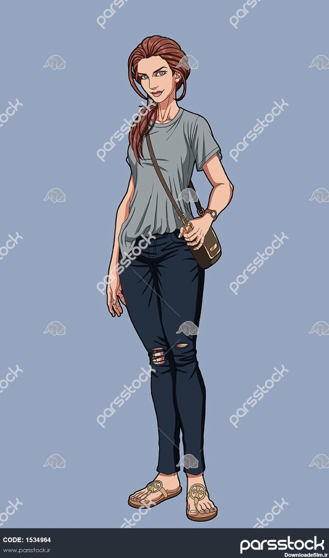 دختر زیبا مو قهوه ای شلوار جین نقاشی دیجیتال 1534964