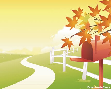 فایل لایه باز طرح پس زمینه کارتونی منظره پاییزی و دشت سبز