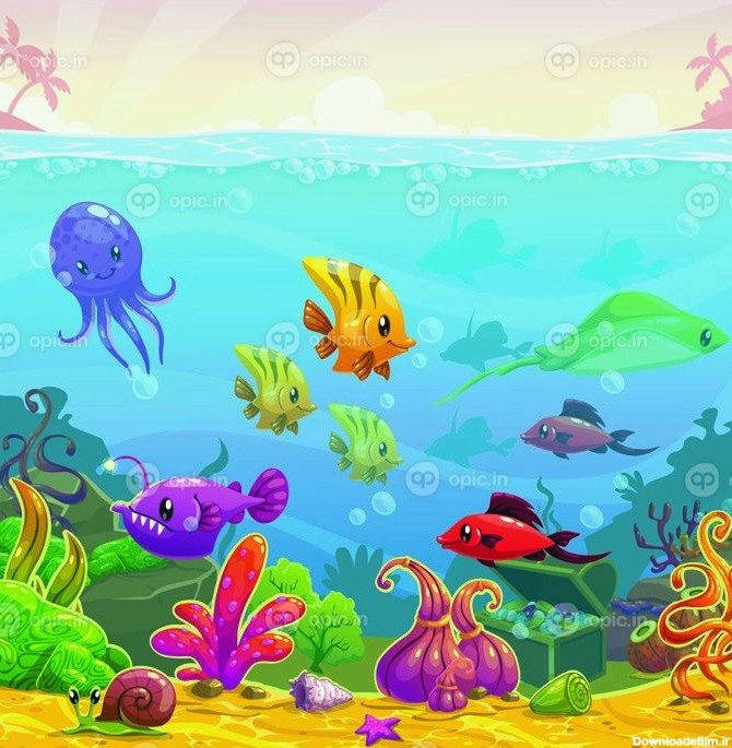 دانلود تصویر برداری کارتونی خنده دار زیر آب با حیوانات دریایی ...