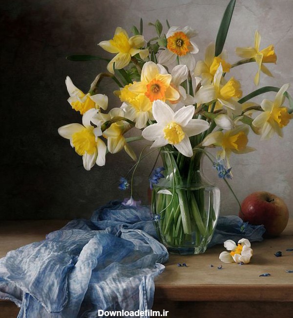 عکس نقاشی گلدان شاخه گلهای نرگس زیبا و طبیعی