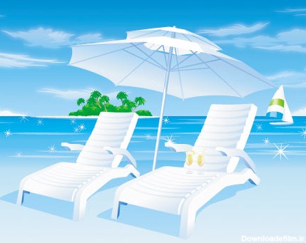 دانلود وکتور لایه باز طرح گرافیکی ساحل دریا و صندلی های راحتی در کنار ساحل با پسوندهای eps و ai