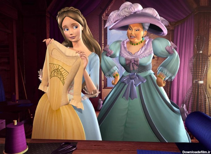 انیمیشن باربی در شاهزاده و گدا و یک پیرزن بداخلاق درحال بداخلاقی با باربی جوان مو قهوه ای